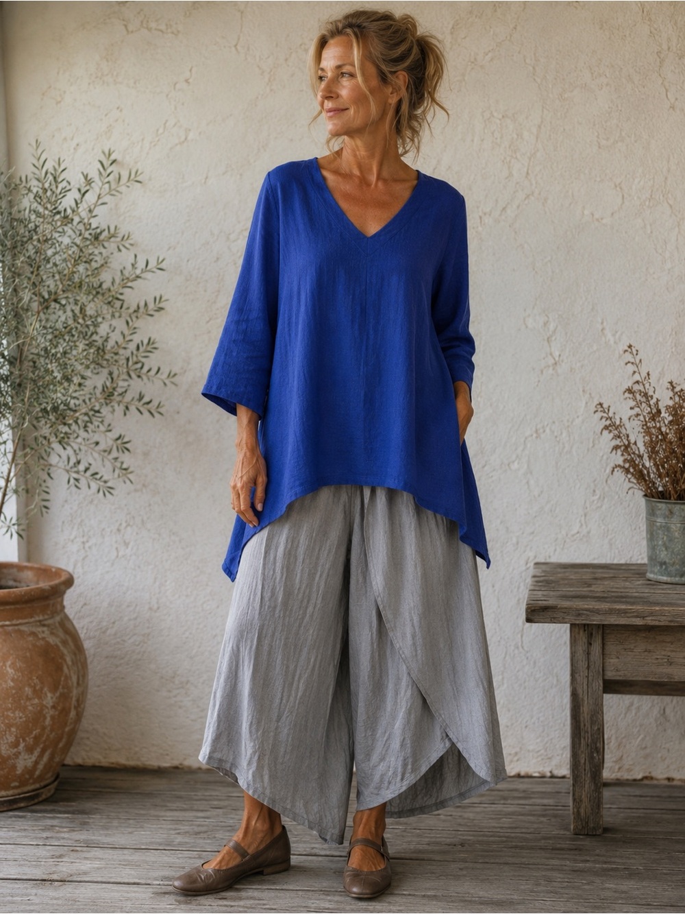 Caroline Rose Cobalt Blue Linen Hanker chief Hem Tunic Top USA Lagenlook MD